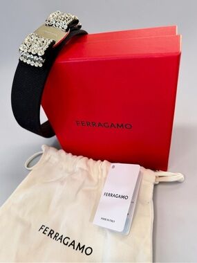 Salvatore Ferragamo Black Grosgrain Headband with Crystal Bow